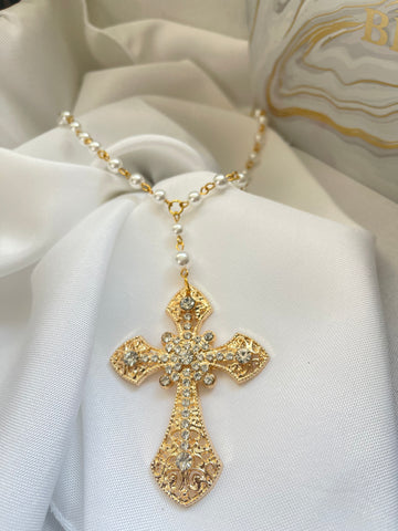 Gold Cross & Pearl Inspired Necklace