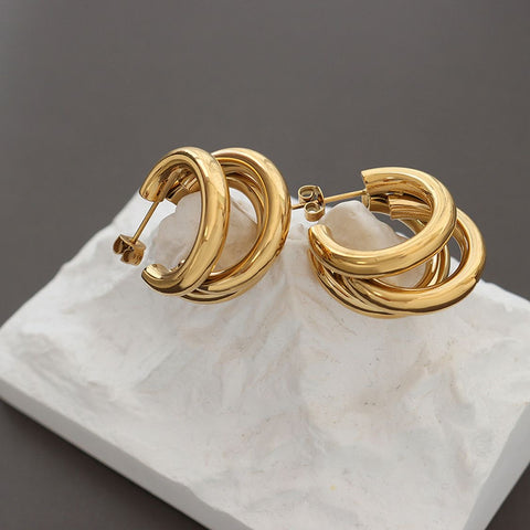 Gold Tri-Circle  Earrings- Stainless Steel