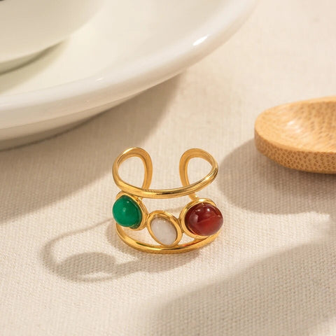 Red | Green | white Stone Ring - Stainless Steel