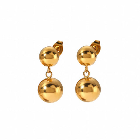 Gold Double Ball Drop Earrings - Stainless Steel